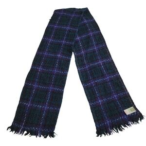 Branigan Weavers Woven Wool Plaid Scarf Fringe Made in Ireland Blue Purple Green